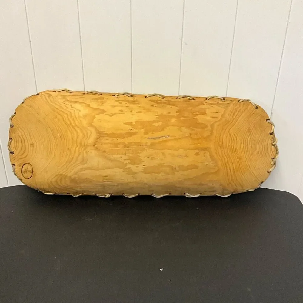 Vintage Handmade Carved Wooden Birch Bark Accent Bowl Tray Brown Lace Up Design